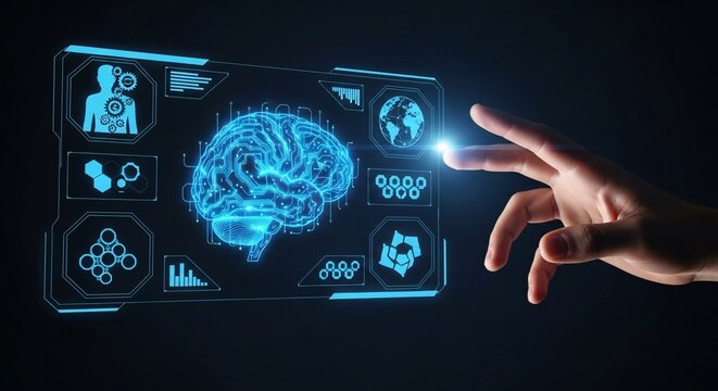 A hand interacting with a holographic display featuring a brain and other data visualizations on a screen