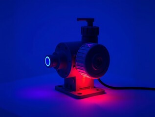 Modern machinery component illuminated with striking blue and red light