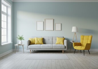 Bright living room with modern furniture and yellow accent chair