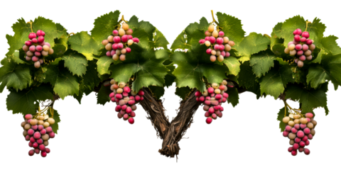 Vineyard vine with clusters of ripe red and white grapes and green leaves