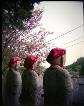 Jizo Statues with Red Hoods Shot on Holga 