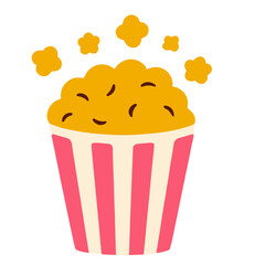Flat style striped bucket filled with golden popcorn, ideal for movie night, snacks, cinema, and entertainment illustrations.