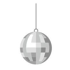Shiny silver disco ball hanging from a string, flat style illustration for party, dance, and celebration themed designs.