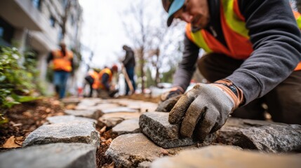 Fototapeta premium Focused medium shot of a crew member aligning stones for footpath restoration wearing gloves and safety gear while the surrounding teammates and environment fade into a gentle