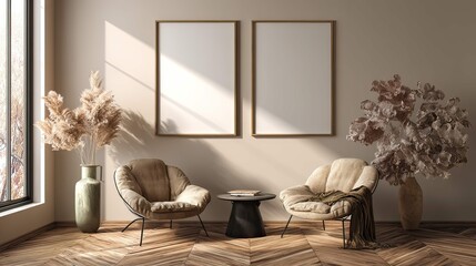 a modern living room setting with a clean, minimalist aesthetic. a plush armchair is positioned in front of a large window allowing natural light to fill the space