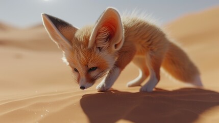 Obraz premium Fennec fox, oversized ears prominent, alert on a small sand dune crest fragment, soft moonlight casting long shadows, desert night atmosphere, isolated subject.