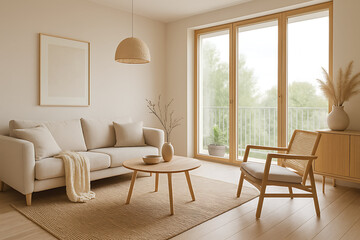 A cozy, minimalist living room featuring a light sofa, wooden furniture, and large windows, creating a warm, inviting atmosphere.