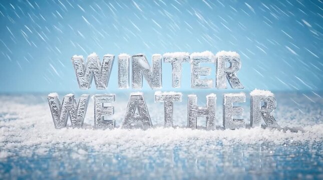 Winter weather title animation with snow, ice block letters - a snowstorm 3d animated text sequence for severe winter storm alert or report - widescreen, 16:9, horizontal