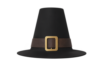 Pilgrim hat with brown leather band and gold buckle on transparent background