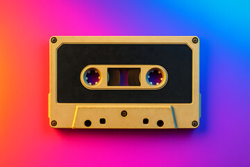Fototapeta premium A vintage cassette tape displayed against a vibrant, colorful background, evoking nostalgia and a retro music vibe.