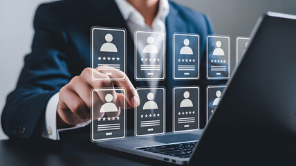 Select top talent choosing best candidate from digital profile cards for hiring