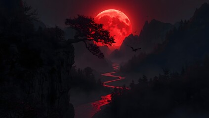 Ultradetailed Dark Fantasy Landscape with a Red Moon and Misty River at Night