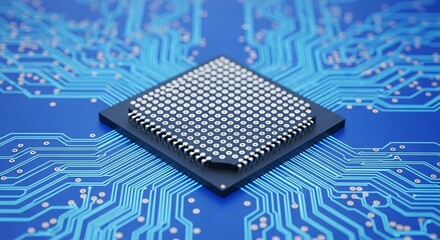 A close up of a microchip on a blue circuit board with intricate trace patterns and connections