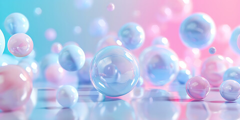 Pastel colored bubbles floating in space with reflections on the surface below
