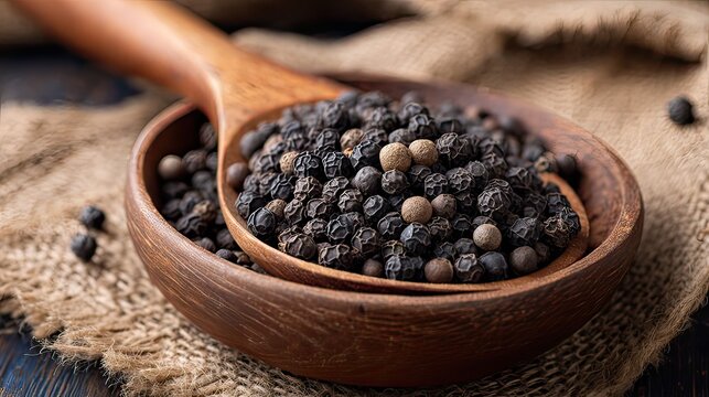 a wooden spoon filled with peppercorns placed against a rustic backdrop