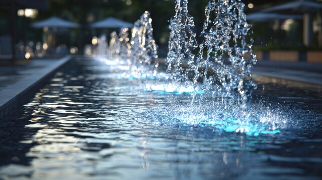 Focused medium shot of realtime heartbeat data visualized as synchronized water jets in a modern pulse painting fountain highlighting the dynamic flow while surroundings remain