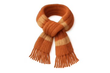 Knitted orange winter scarf with stripes on transparent background