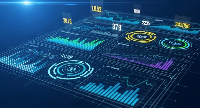 A digital dashboard with various data visualizations and numerical information displayed on a blue grid