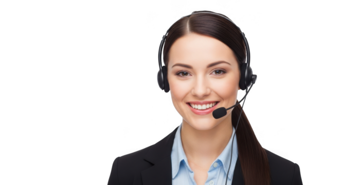 Smiling female customer service representative wearing a headset, isolated on transparent background