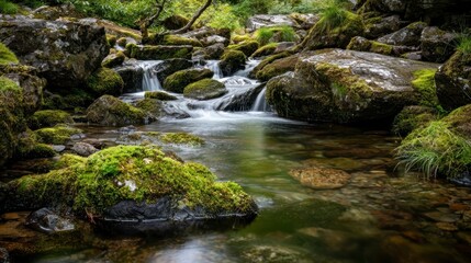 Obraz premium Tranquil stream flowing through mossy rocks