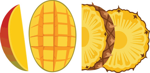 Depiction of mango slices and pineapple segments