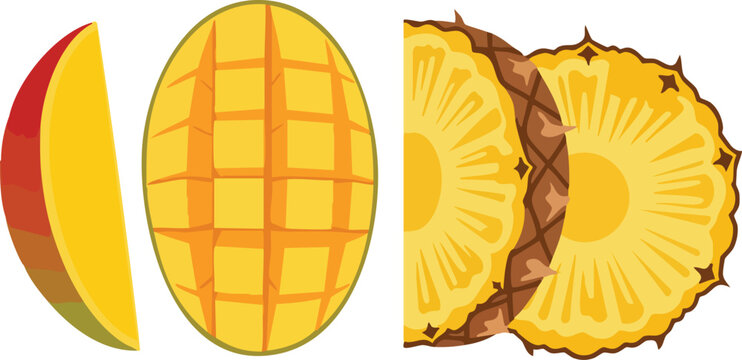 Depiction of mango slices and pineapple segments