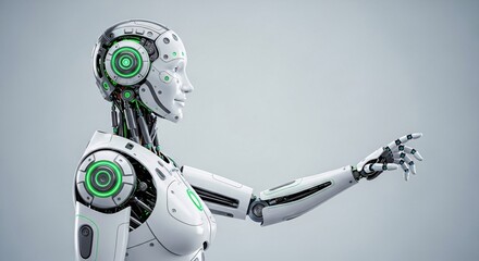Side view of a humanoid robot with white plating and green glowing accents pointing its finger out