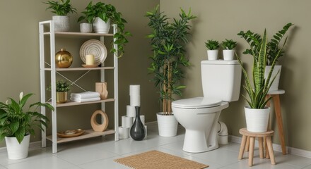 A modern bathroom interior with toilet and plants