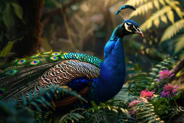 Obraz premium Peacock with Shimmering Iridescent Feathers in Lush Woodland