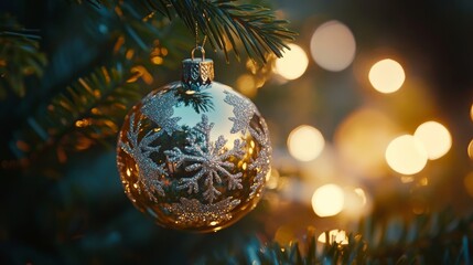 A festive glass bauble with snowflake patterns hanging on an evergreen branch, glowing with holiday warmth and magic.