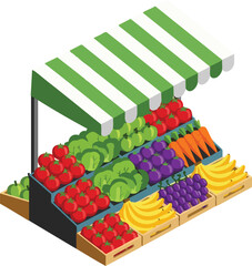 Fruit  vegetable stand with striped awning featuring tomatoes lettuce grapes carrots bananas  green gourds
