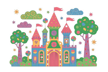 Fototapeta premium Colorful cartoon fairytale castle with trees and clouds