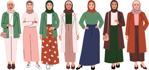 Group of Muslim women wearing stylish modest clothing and hijabs