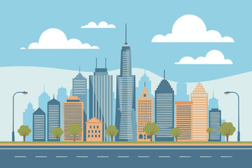 Naklejka premium Colorful city skyline with street and clouds cityscape