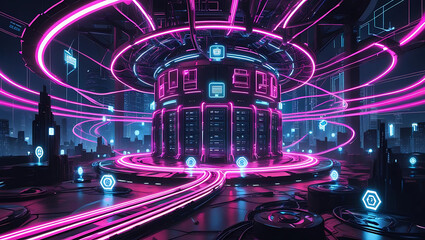 Futuristic supercomputer core glowing with vibrant pink neon energy, visualizing massive data processing in a high-tech server room.