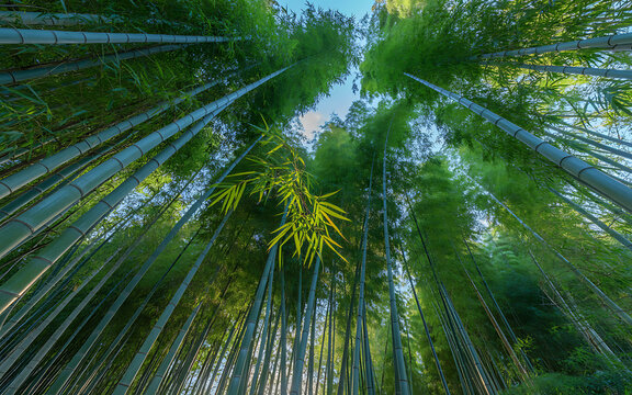 Looking up through a dense green bamboo forest canopy