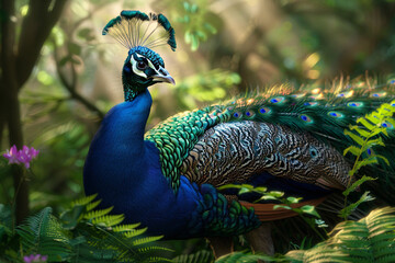 Obraz premium A close-up view of a peacock in a lush forest setting, its iridescent feathers shimmering in the dappled sunlight. Ferns and wildflowers frame the bird, enhancing the serene, natural beauty.