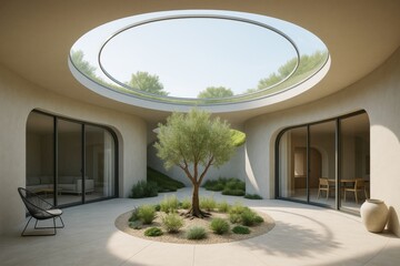 Modern circular courtyard interior with central tree and skylight, minimalistic architecture design with natural light and soft background. Ai generative
