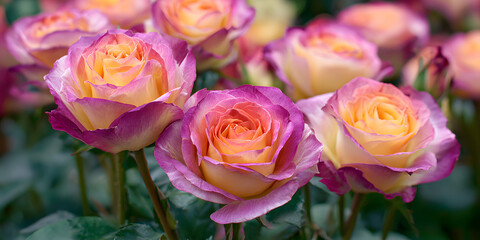 Obraz premium Blooming roses Rosa hybrida , often referred to as the Prince of Flowers, captivate with their stunning beauty and delightful fragrance, making roses a symbol of elegance and romance.