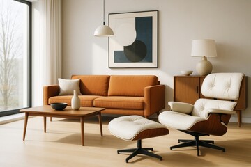 Mid-century modern living room with orange sofa, white lounge chair, wooden furniture, and abstract wall art in natural daylight interior. Ai generative