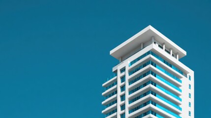 Modern apartment building against vibrant blue sky