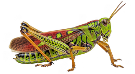 Detailed closeup of a colorful grasshopper isolated on transparent background, showcasing its intricate body structure and vibrant green, red, and orange markings