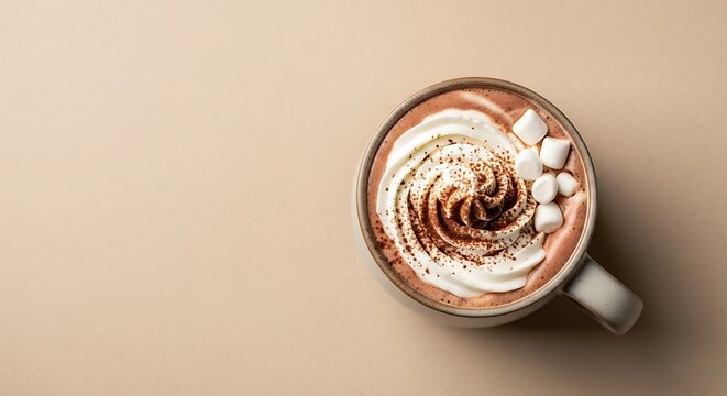 Indulgent hot cocoa creation with whipped topping and marshmallows on beige background