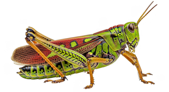 Detailed closeup of a colorful grasshopper isolated on transparent background, showcasing its intricate body structure and vibrant green, red, and orange markings