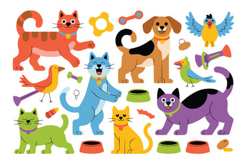 Obraz premium Diverse cartoon pets and toys in playful arrangement