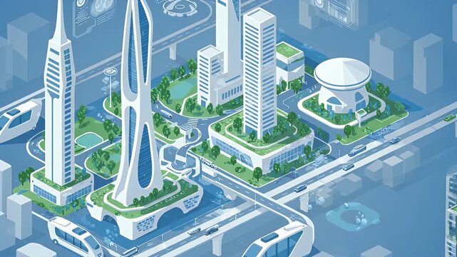 Futuristic Pixel Art Cityscape with Modern Architecture in Isometric View