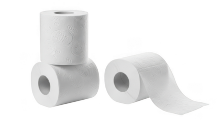 Three rolls of toilet paper isolated on transparent background, one roll unrolling