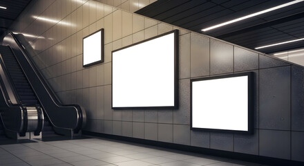 Blank Advertising Displays in Modern Subway Station, Escalator Perspective - Ready for Your Design