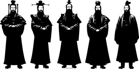 Vector sketch illustration silhouette design image of traditional Chinese royal official philosopher character wearing traditional ethnic classic uniform