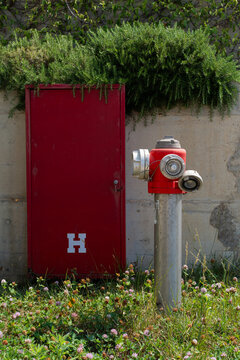 Red Fire Hydrant and Cabinet on Concrete Wall
